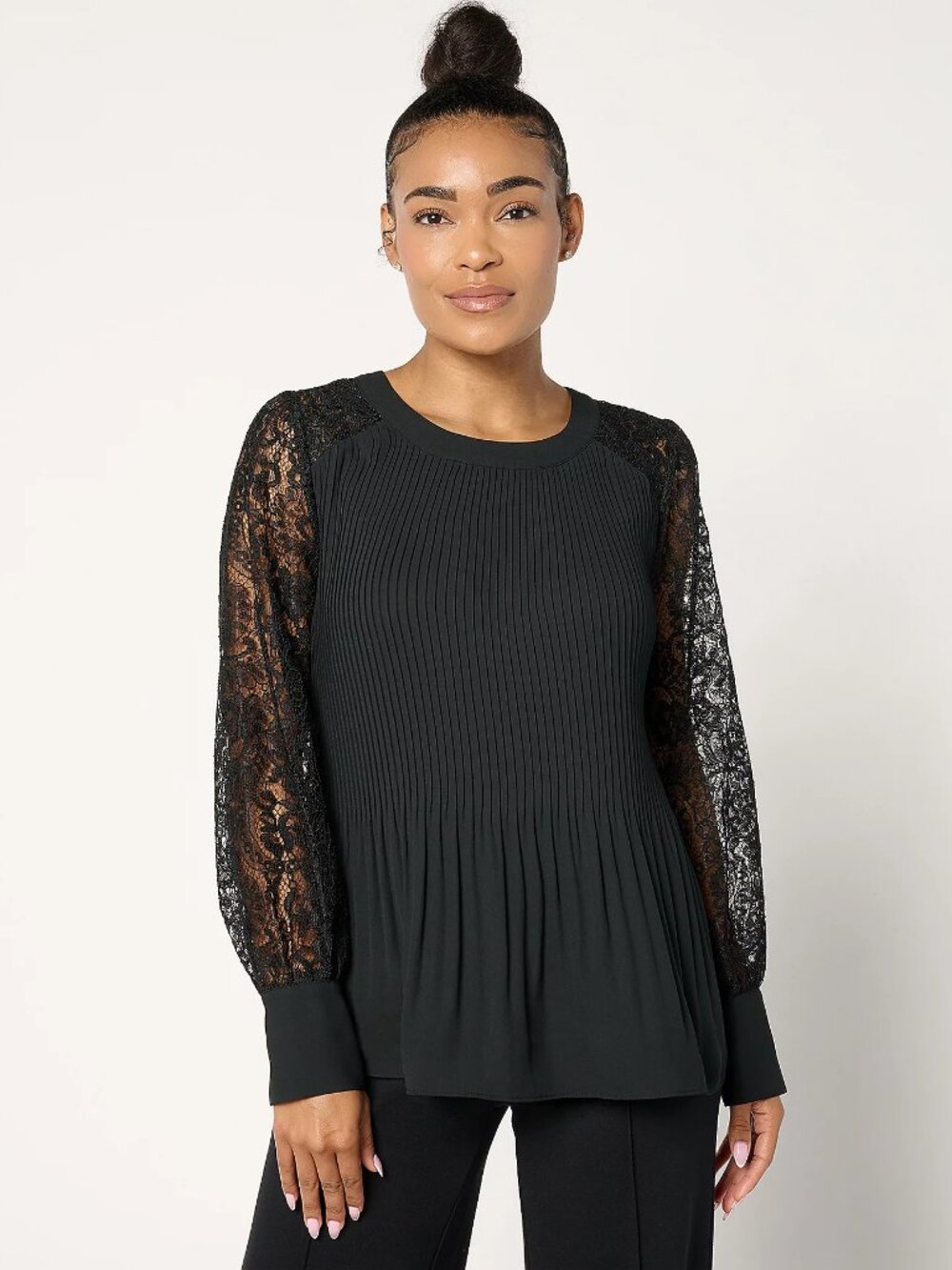 BEAUTIFUL by Lawrence Zarian Lace Detailed Pleated Blouse, Black Sz M a671188